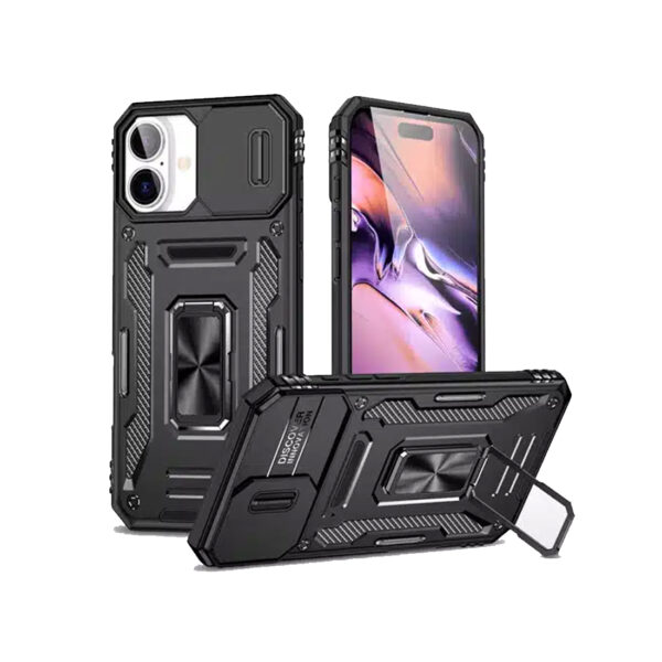 Rugged Armor Ring Stand With Camera Cover Case for iPhone 16 Plus Black