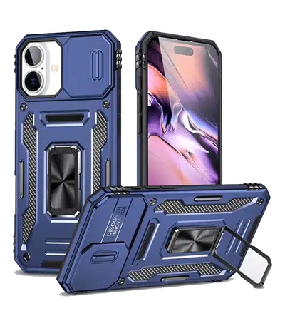 Rugged Armor Ring Stand With Camera Cover Case for iPhone 16 Plus Navy Blue