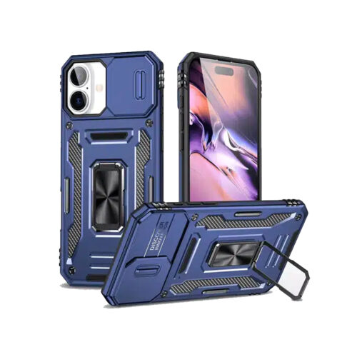 Rugged Armor Ring Stand With Camera Cover Case for iPhone 16 Plus Navy Blue
