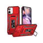 Rugged Armor Ring Stand With Camera Cover Case for iPhone 16 Plus Red