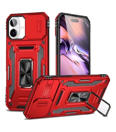 Rugged Armor Ring Stand With Camera Cover Case for iPhone 16 Plus Red