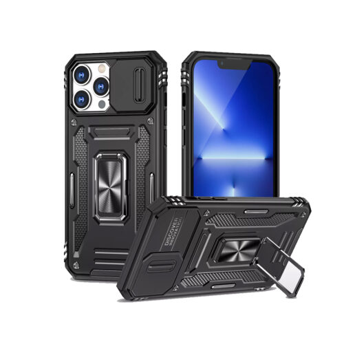 Rugged Armor Ring Stand With Camera Cover Case for iPhone Pro Max Black