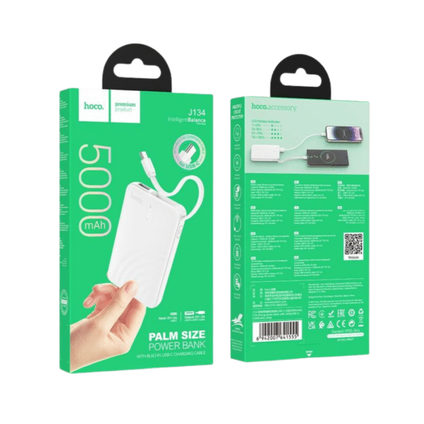 Hoco J134 Power Bank USB + Type-C Cable – White (5000mAh)