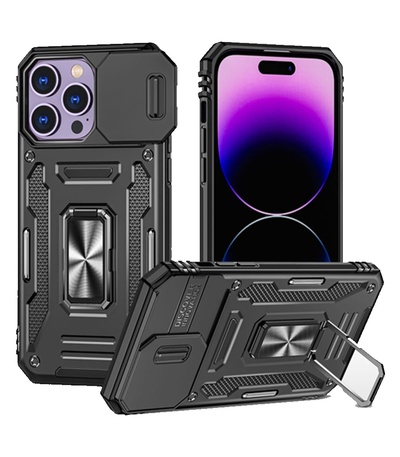 Rugged Armor Ring Stand With Camera Cover Case For iPhone 17 Pro Max–Noir