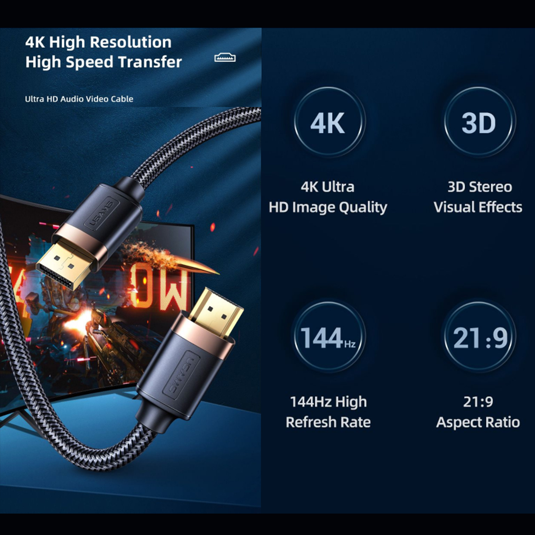 usams 4k hdmi to hdmi 2 0 3m cable black SJ529 3